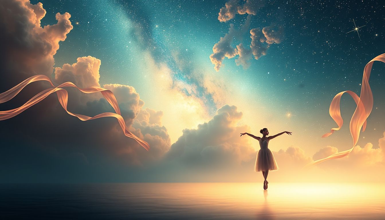Eine Ballerina auf leerer Bühne symbolisiert innere Einsamkeit und Freiheit.