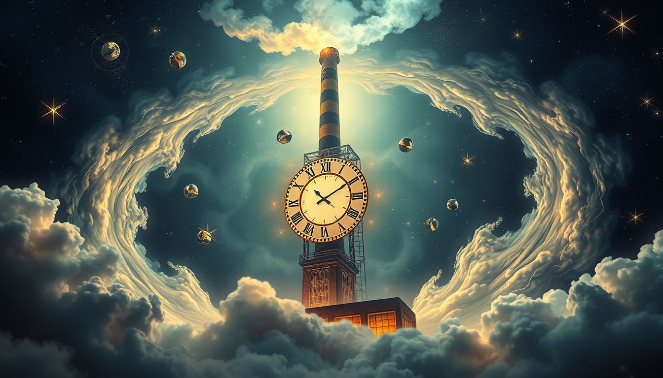 Ein Fabrikturm mit Uhr symbolisiert Zeitkontrolle und beruflichen Fortschritt.