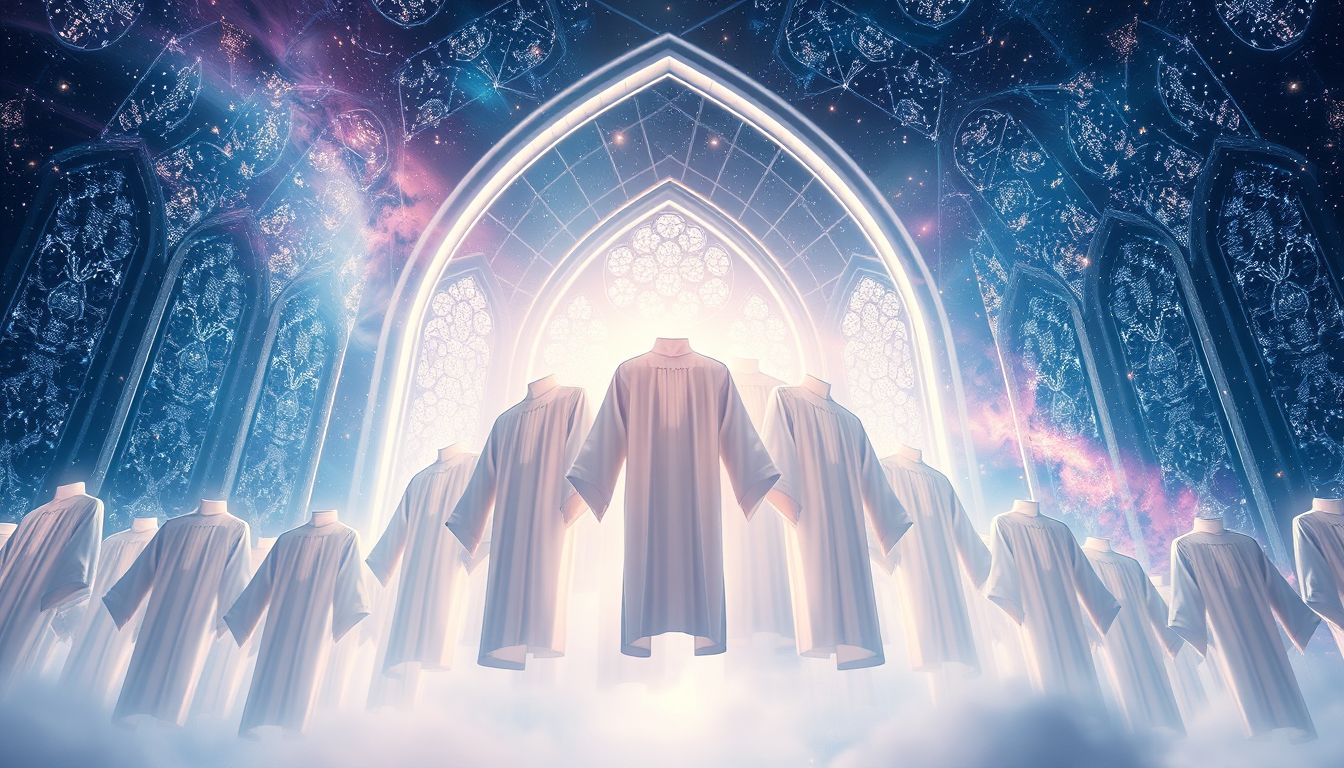 Viele Chorhemden in einer Kirche symbolisieren Gemeinschaft und Harmonie.