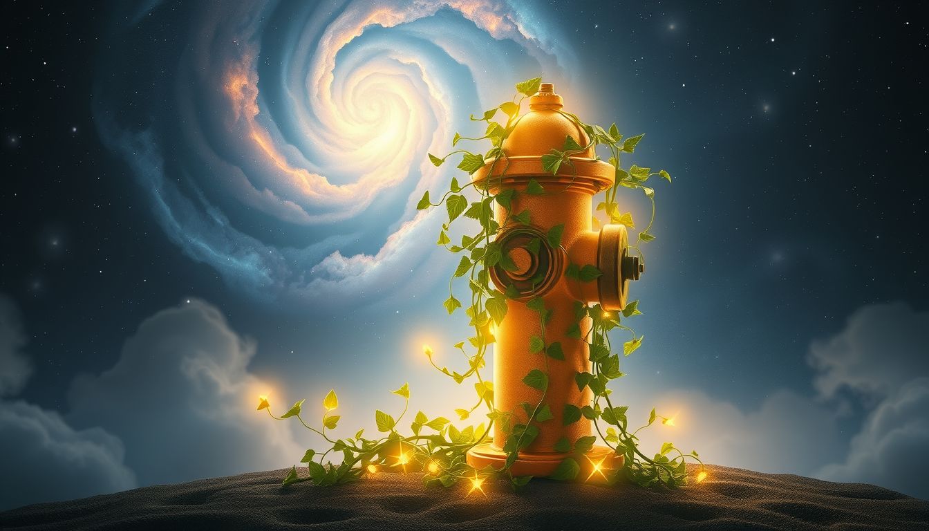 Ein von Efeu überwucherter Hydrant symbolisiert verborgene Lebenskräfte.