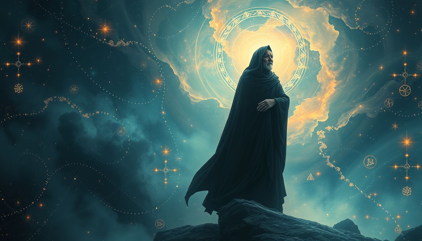 Ein alter Mann im dunklen Gewand symbolisiert verborgene Weisheit.