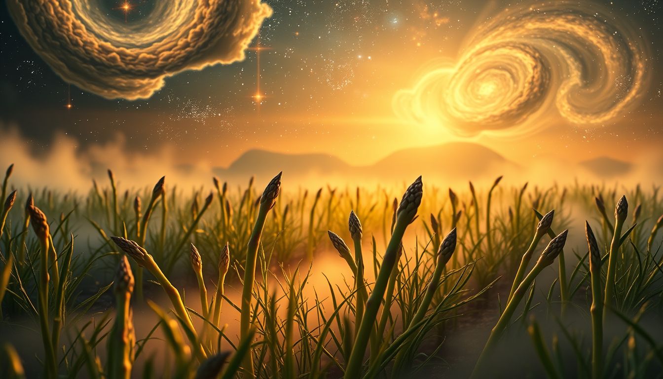 Ein Spargelfeld im Sonnenaufgang symbolisiert Neuanfang und Wachstum.