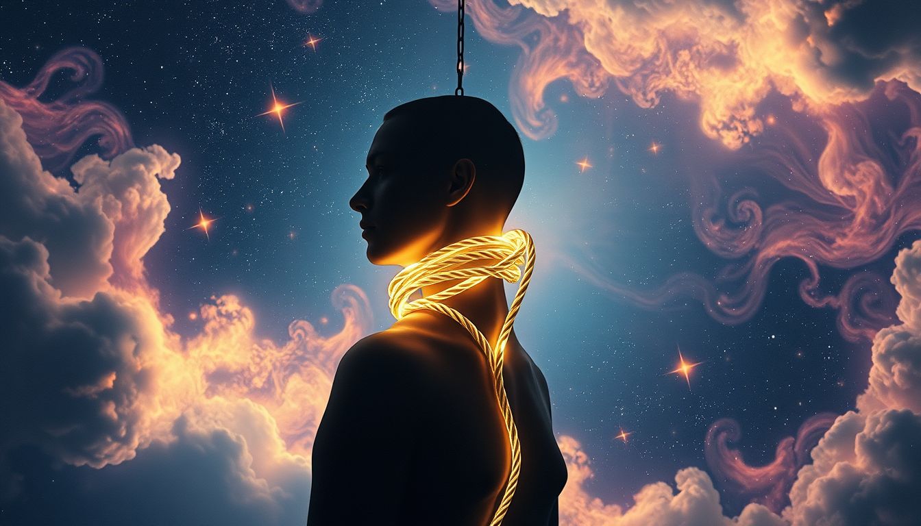 Ein Strick um den Hals symbolisiert oft Kontrolle oder Bedrohung.