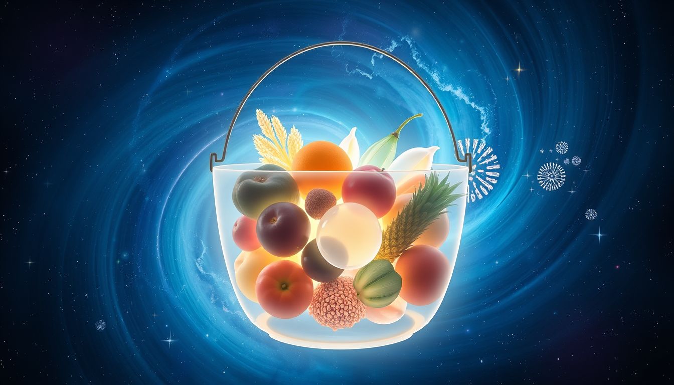 Ein Eimer voller Lebensmittel symbolisiert Fülle und Sicherheit im Leben.