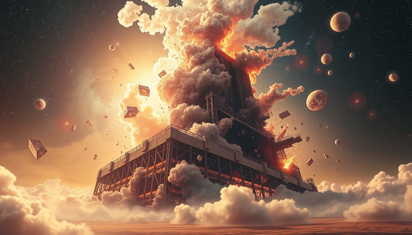 Ein explodierender Fabrikturm symbolisiert plötzlichen beruflichen Wandel.