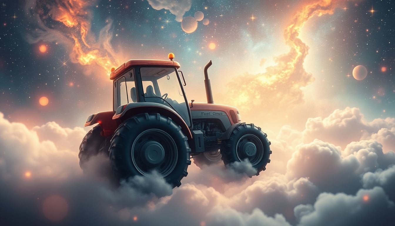 Ein fliegender Traktor symbolisiert ungewöhnliche Freiheit und kreative Kraft.
