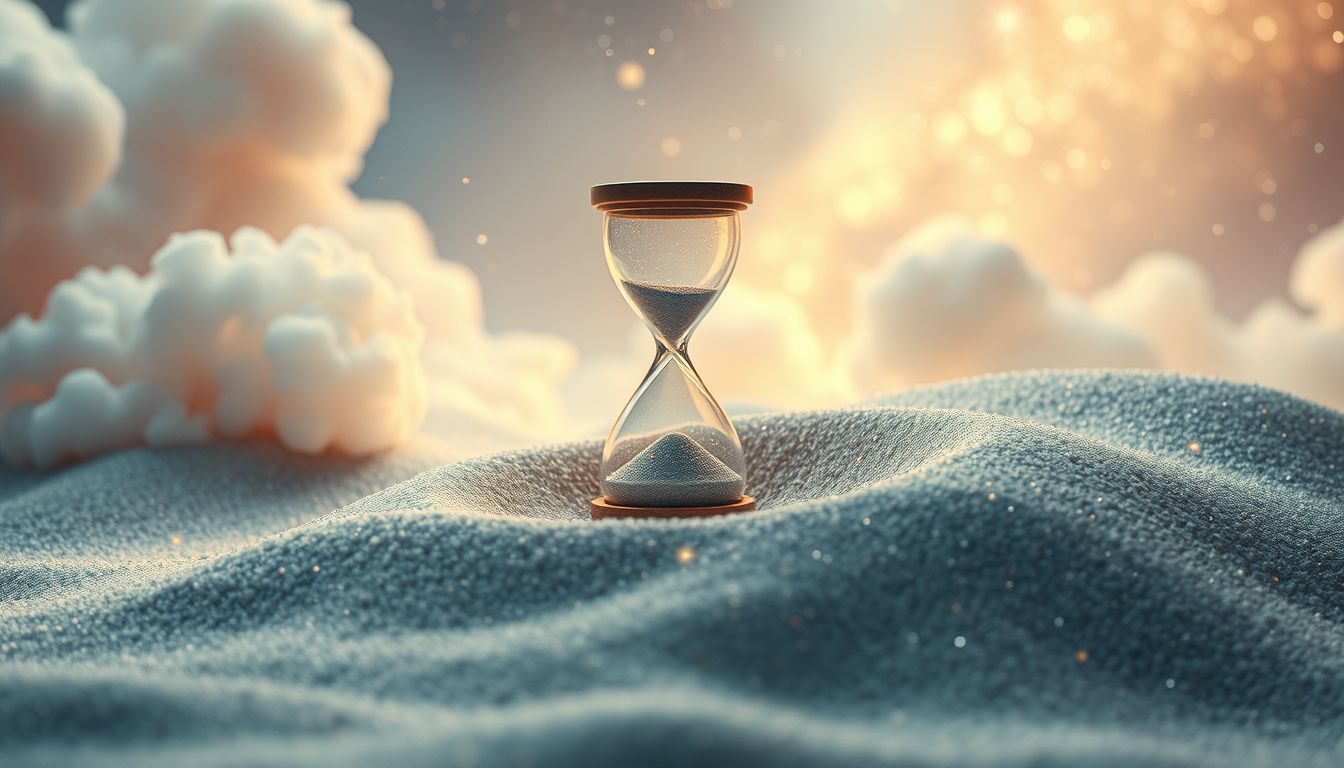 Eine Eieruhr im Sandkasten symbolisiert begrenzte Lebenszeit und Kindheit.