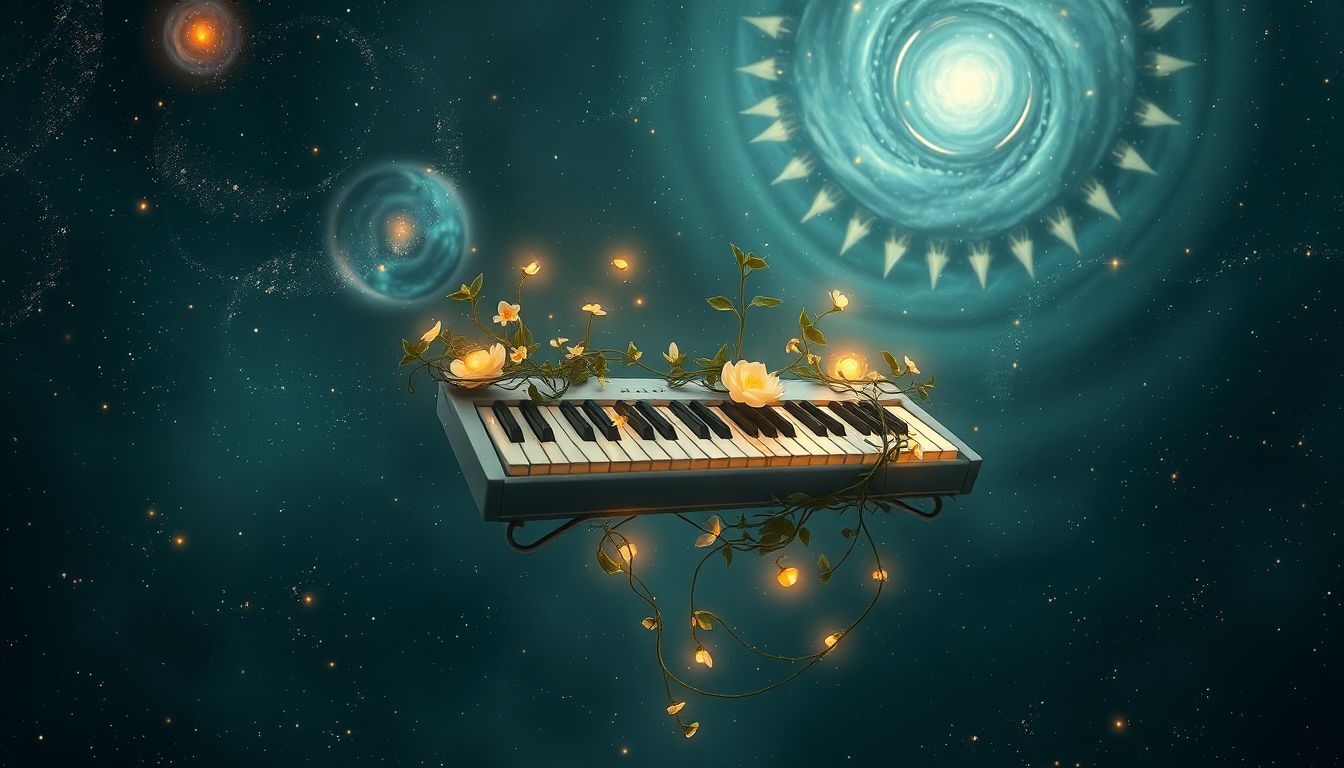 Eine mit Pflanzen bewachsene Tastatur symbolisiert natürliches Wachstum im Leben.