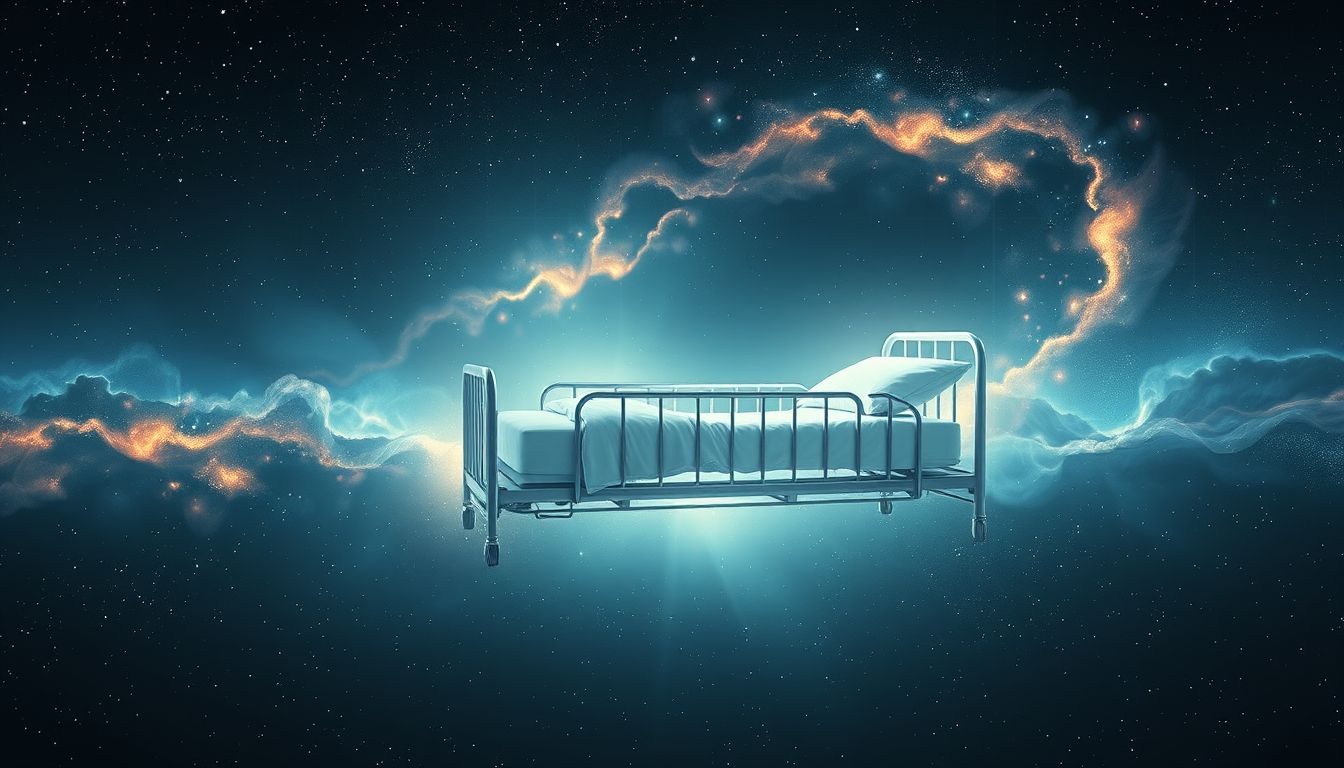 Ein Krankenbett im Freien symbolisiert Heilung durch Natur und Freiheit.