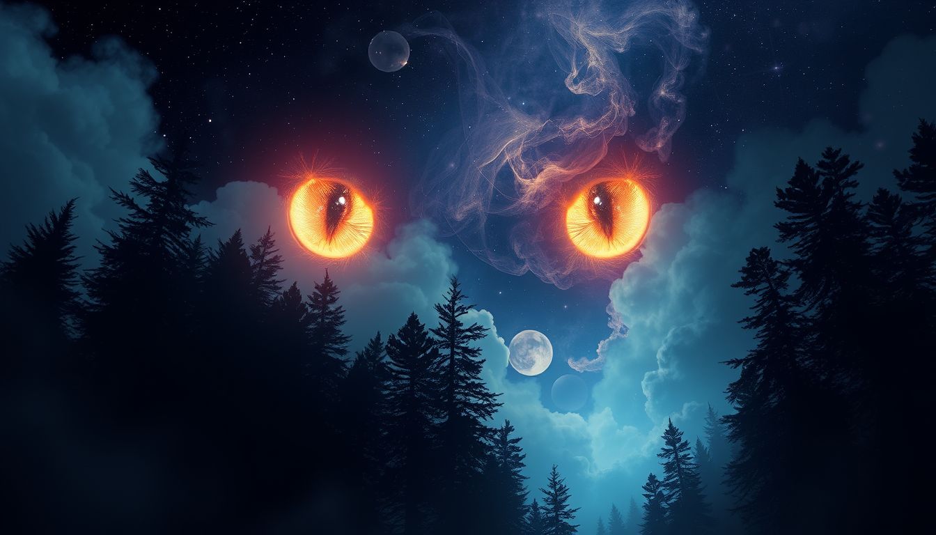 Leuchtende Katzenaugen symbolisieren im Traum verborgene Intuition im Wald.