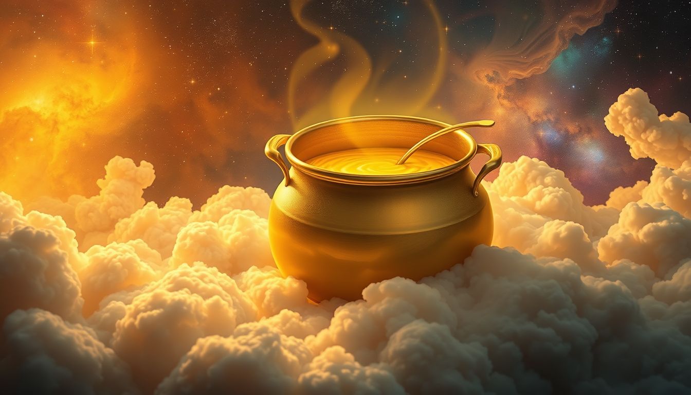 Maisbrei im goldenen Topf symbolisiert Wohlstand und kreative Fülle.