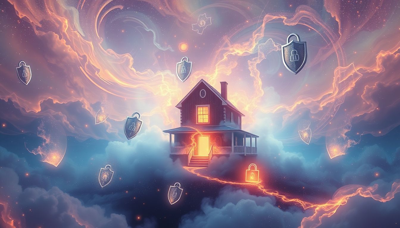 Ein brennendes, versichertes Haus symbolisiert Schutz trotz innerer Konflikte.
