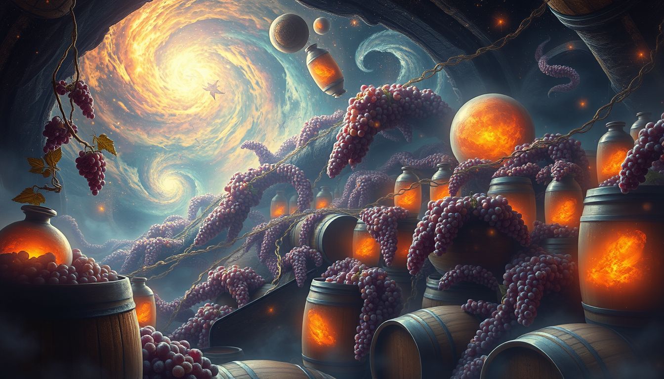 Ein überfüllter Muskatellerweinkeller symbolisiert innere Überforderung und Sehnsucht.