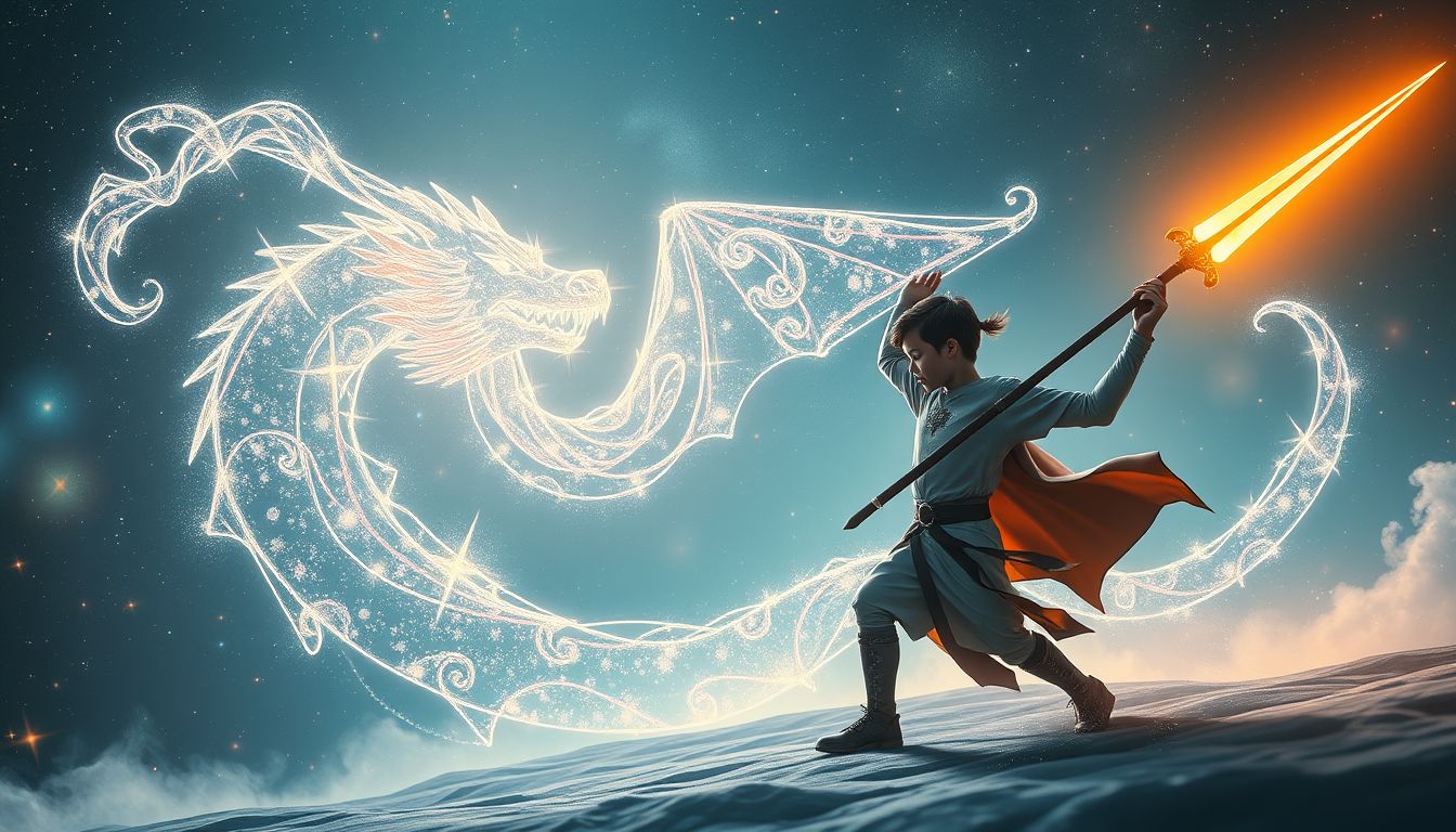 Ein Knappe bekämpft Drachen symbolisiert Mut und Überwindung.