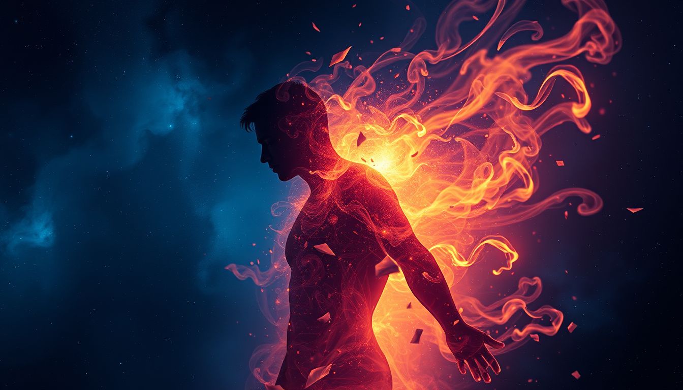 Ein brennender Mann symbolisiert oft inneren Kampf und Transformation.