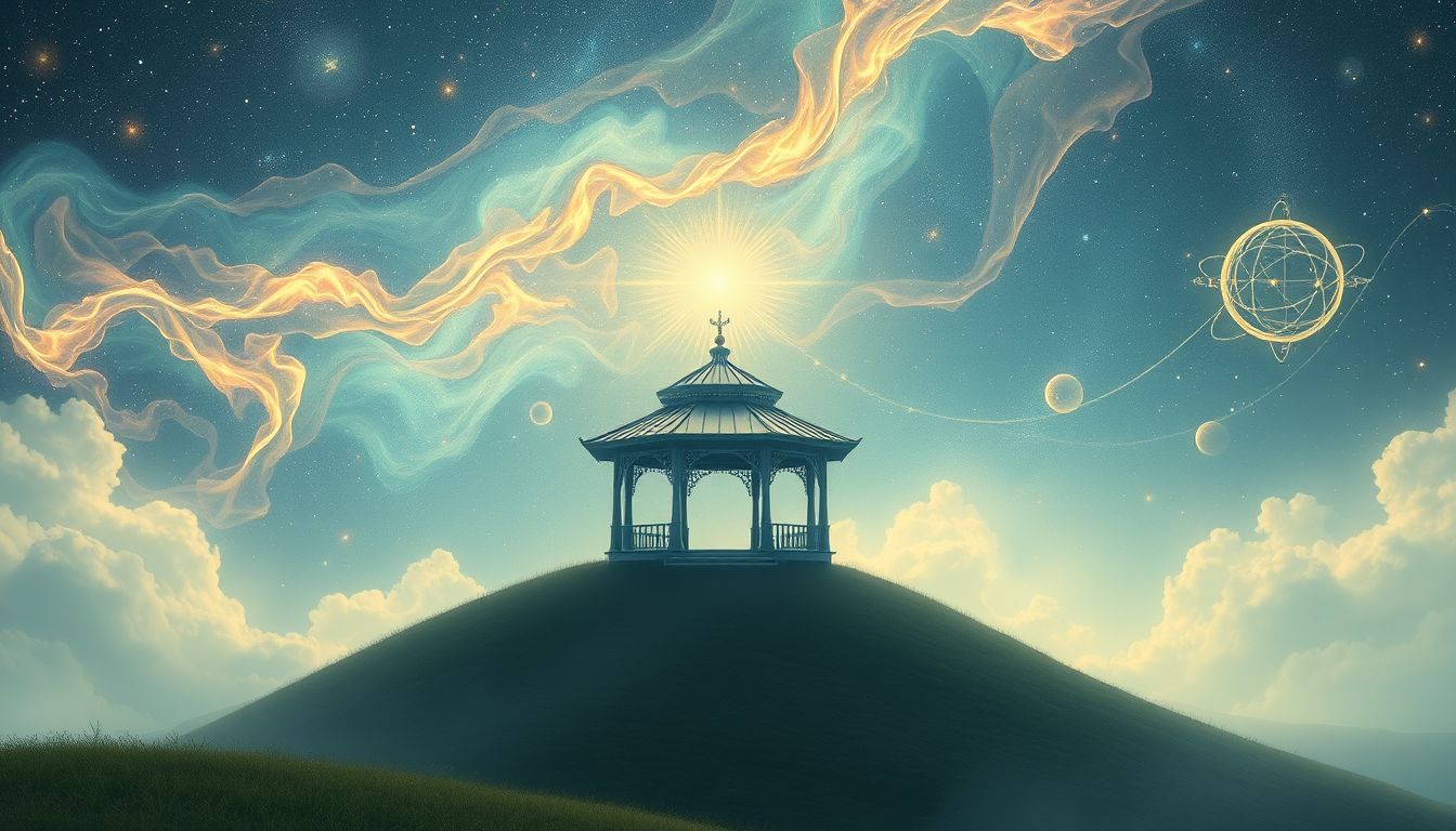 Ein Pavillon auf einem Hügel symbolisiert spirituelle Klarheit und Freiheit.