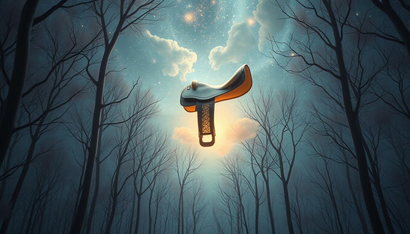Ein Sattel im Wald symbolisiert verborgene Freiheit und neue Wege.
