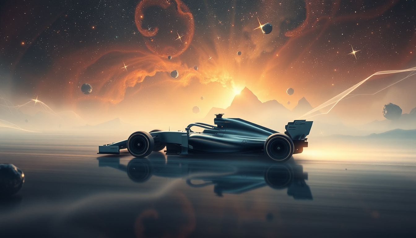 Ein Formel-1-Auto im Weltraum symbolisiert grenzenlose Freiheit und Geschwindigkeit.