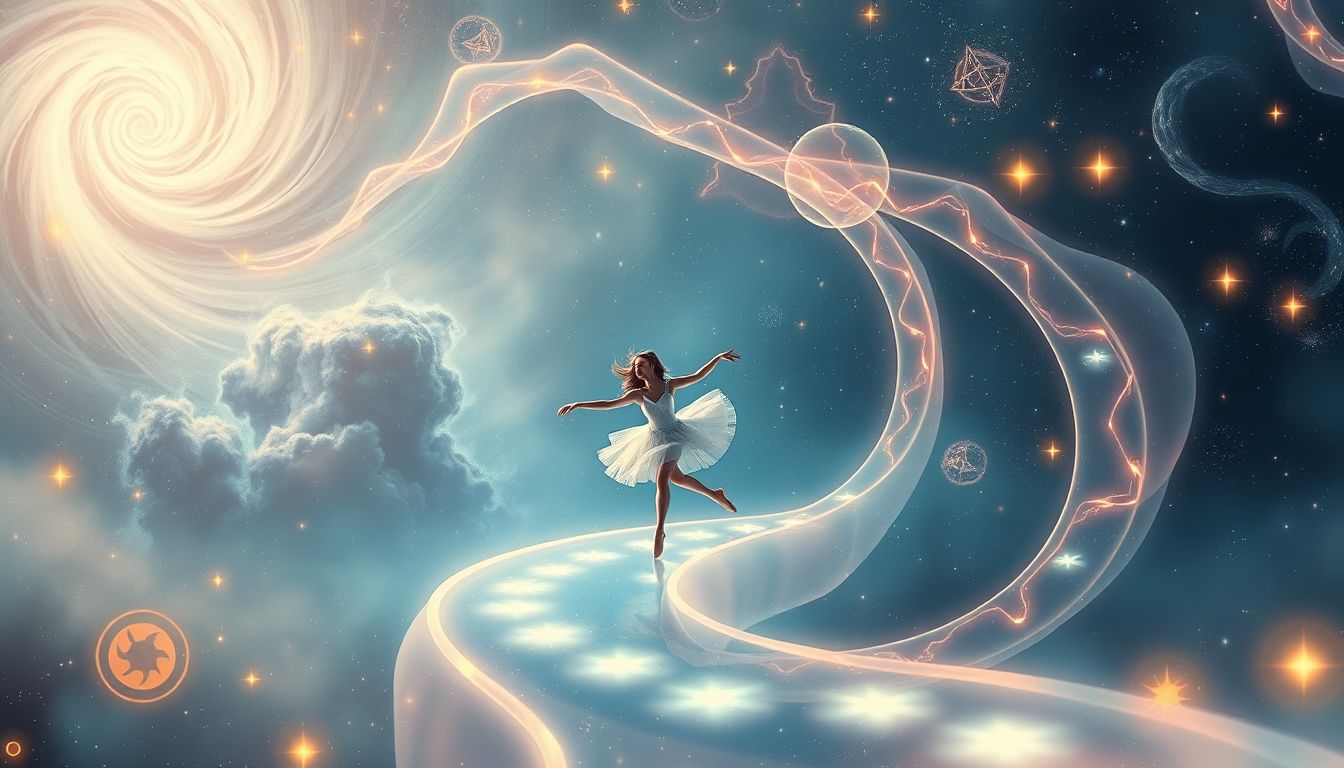 Eine tanzende Ballerina im Labyrinth symbolisiert Lebensweg und Herausforderungen.