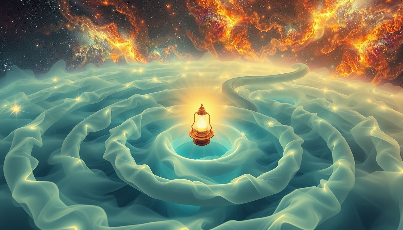 Eine Lampe im Labyrinth symbolisiert Orientierung in schwierigen Lebensphasen.