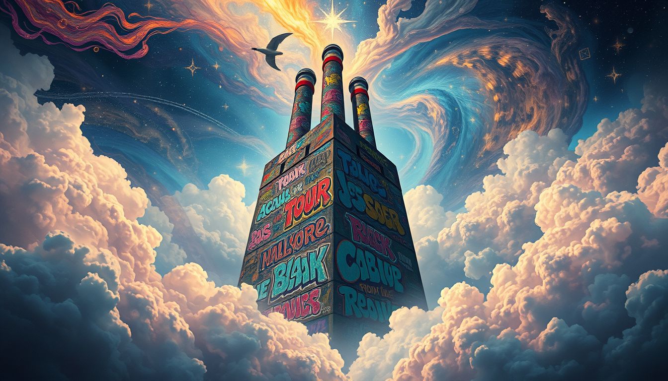 Ein bemalter Fabrikturm symbolisiert kreative Freiheit und Selbstausdruck im Traum.
