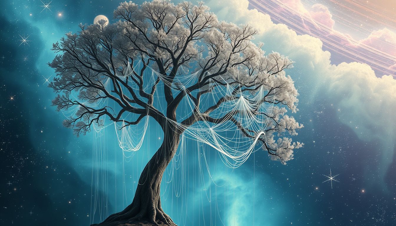 Ein Netz im Baum symbolisiert komplexe Verbindungen und Schutz.