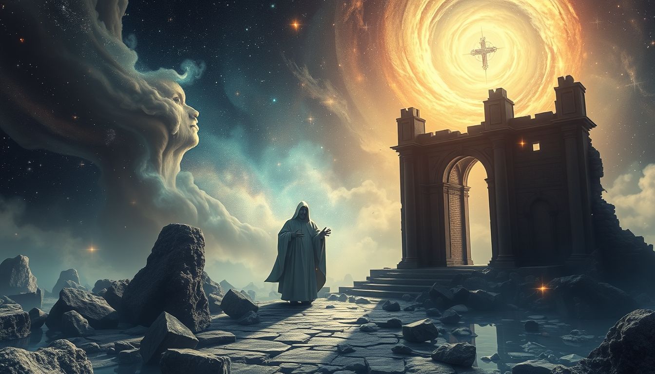 Ein Vikar in Ruinen symbolisiert spirituelle Zweifel und Neubeginn.