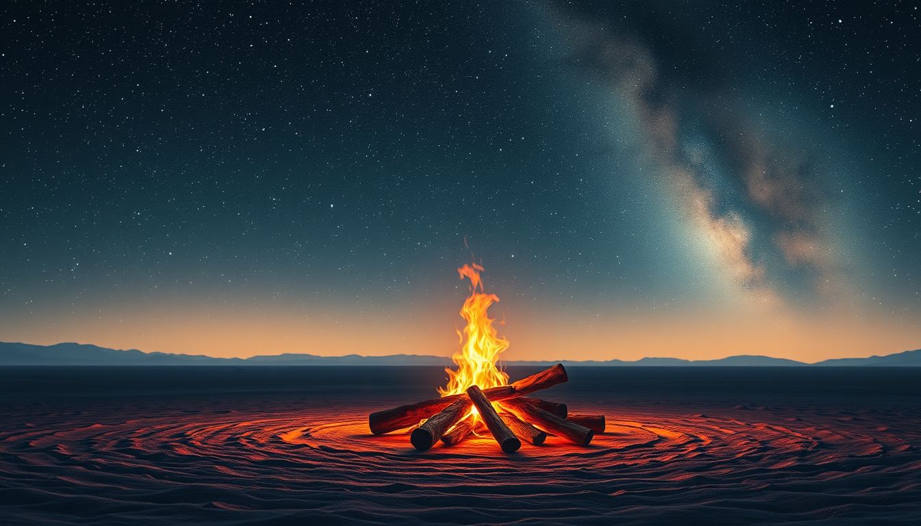 Ein Lagerfeuer symbolisiert im Flachland-Traum Wärme und Gemeinschaftsnähe.