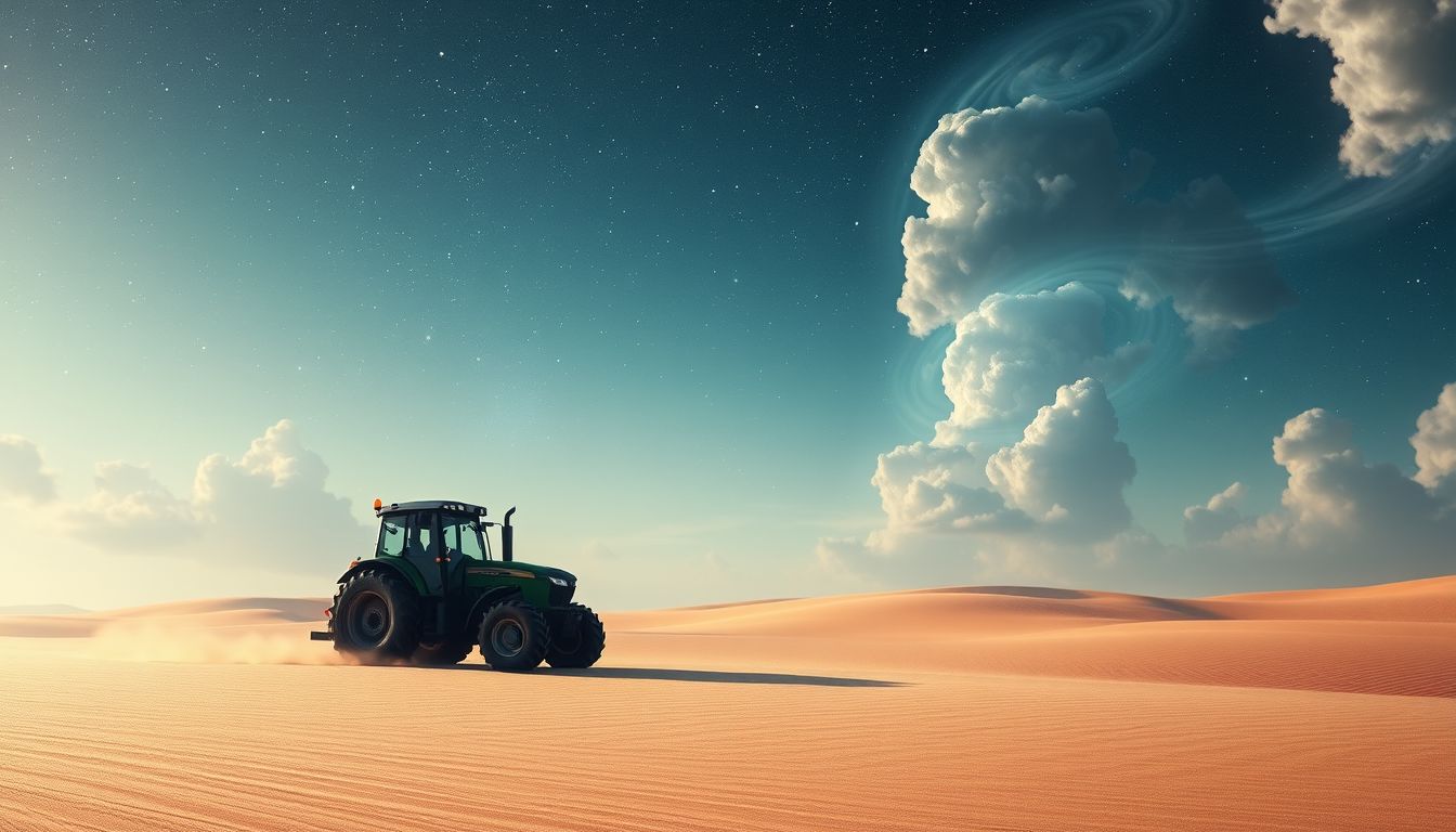 Ein Traktor am Strand symbolisiert unerwartete Veränderungen und Anpassung.