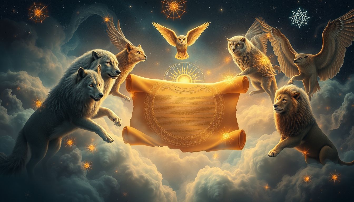 Traum 24 zeigt, wie Tiere Chroniken als Schutzsymbole bewachen.