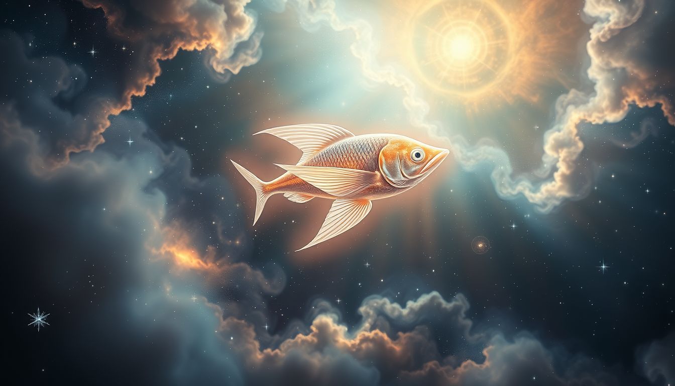 Ein fliegender Fisch im Weltraum symbolisiert grenzenlose Freiheit und Fantasie.