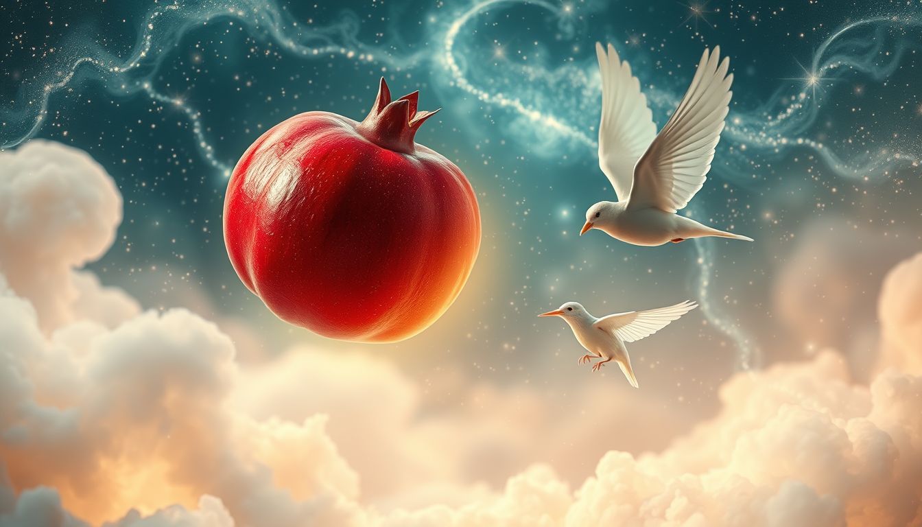 Ein Granatapfel und Vogel symbolisieren Freiheit und Fruchtbarkeit im Traum.