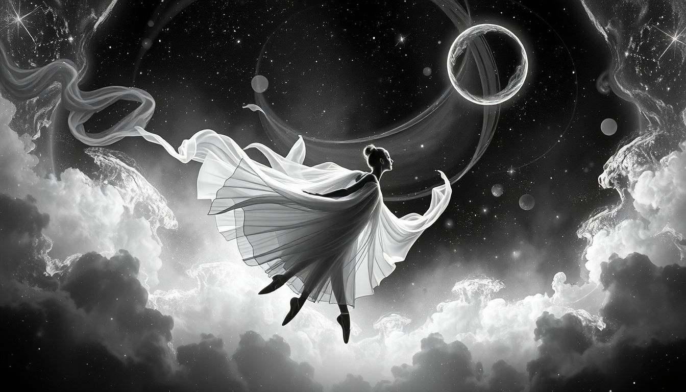 Eine schwarz-weiß tanzende Ballerina symbolisiert innere Konflikte und Dualität.