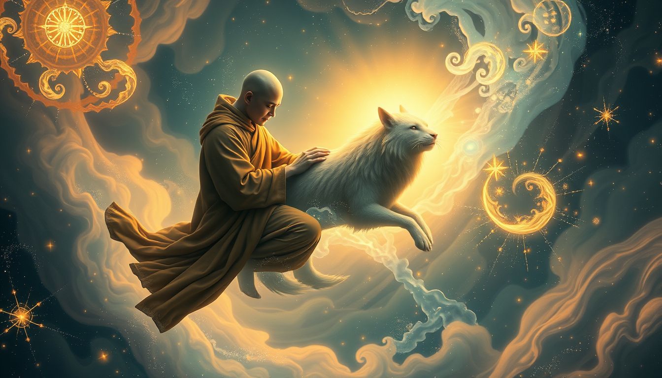 Ein Klosterbruder, der Tiere pflegt, symbolisiert Fürsorge und Heilung.