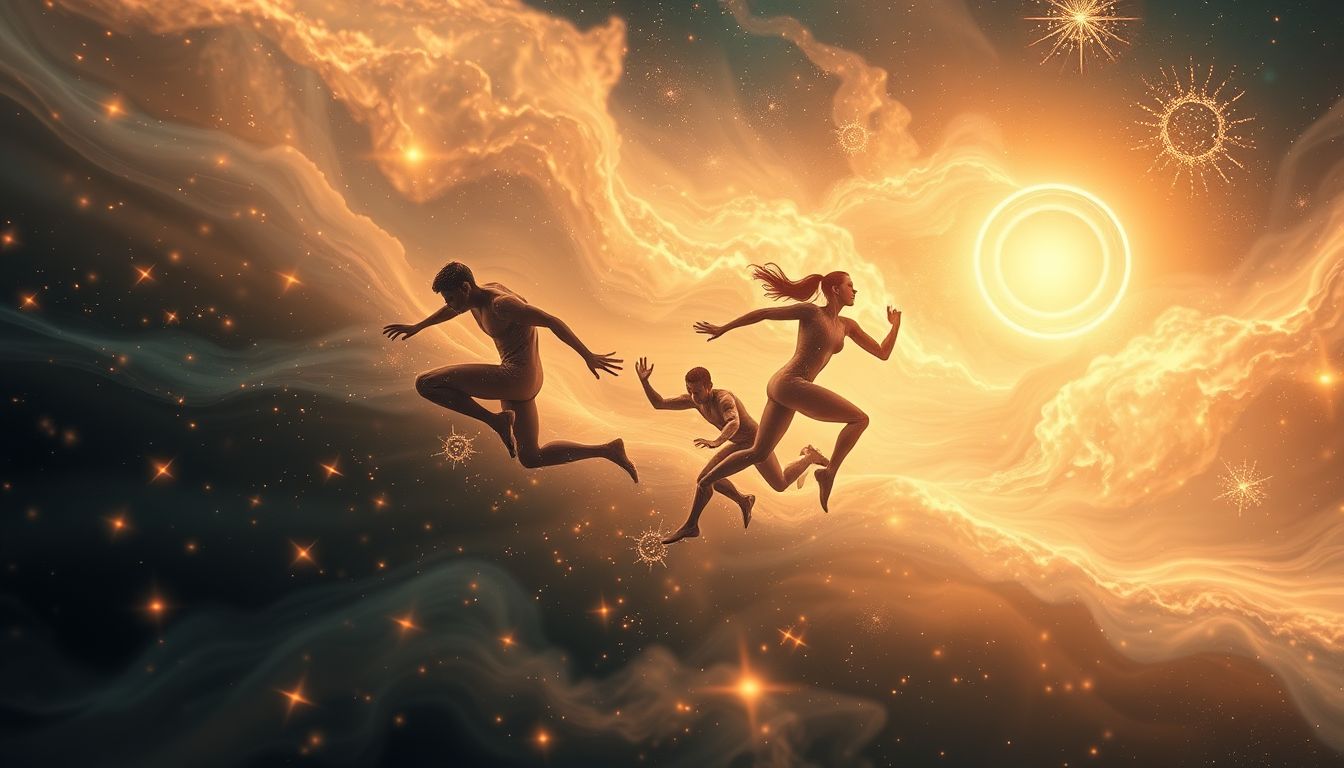 Ein Menschengespann im Wettrennen symbolisiert gemeinsame Ziele und Konkurrenz.