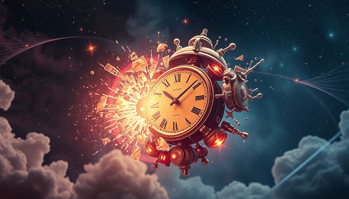Eine explodierende Uhr symbolisiert abrupten Zeitdruck und Veränderung.