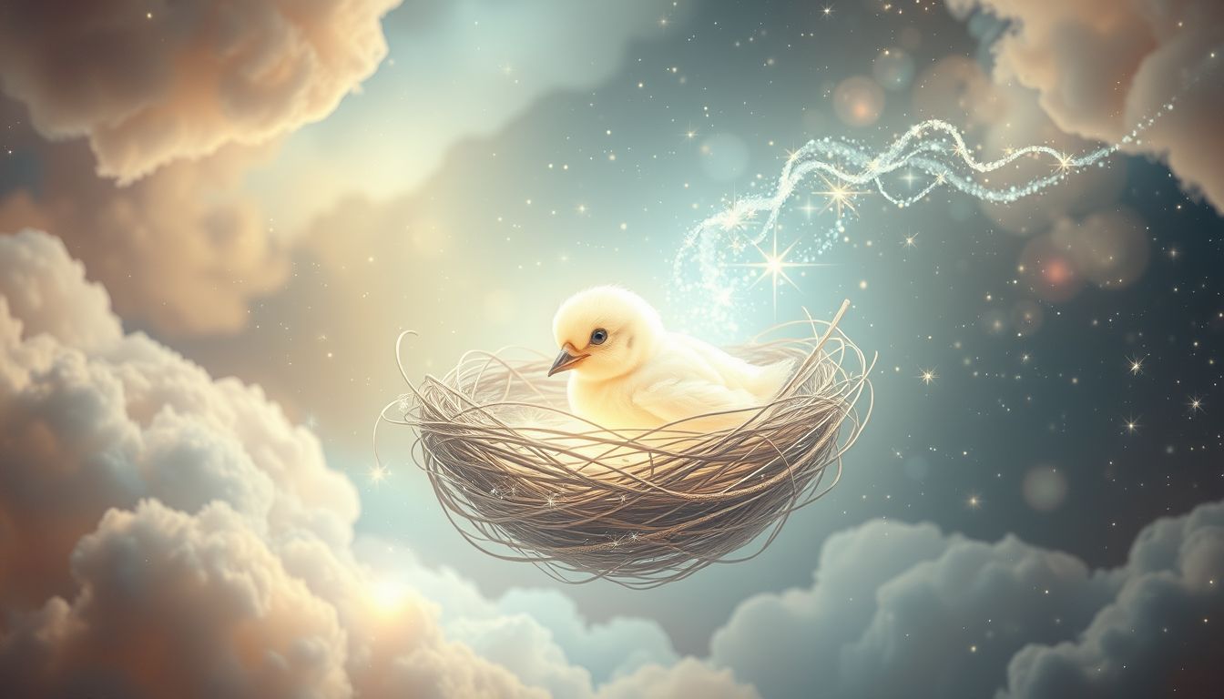 Ein zartes Vogeljunges symbolisiert Neubeginn und schützende Fürsorge.