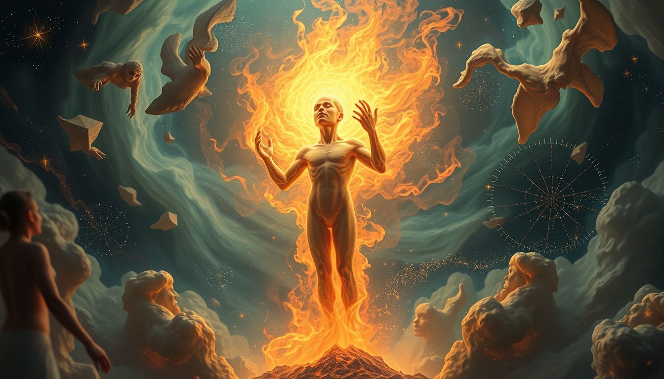 Ein brennender Mann symbolisiert oft innere Konflikte und Ängste.
