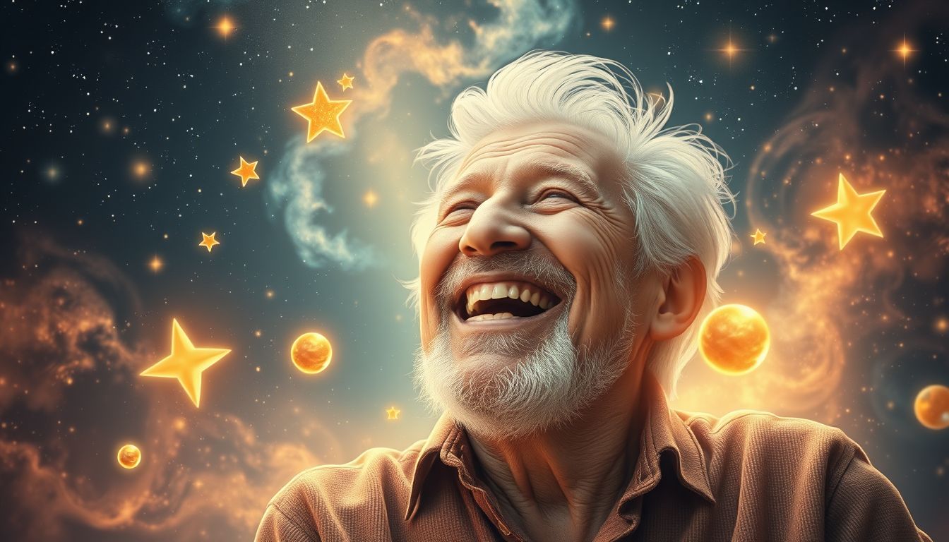 Ein lachender alter Mann symbolisiert Lebensfreude und Weisheit im Traum.