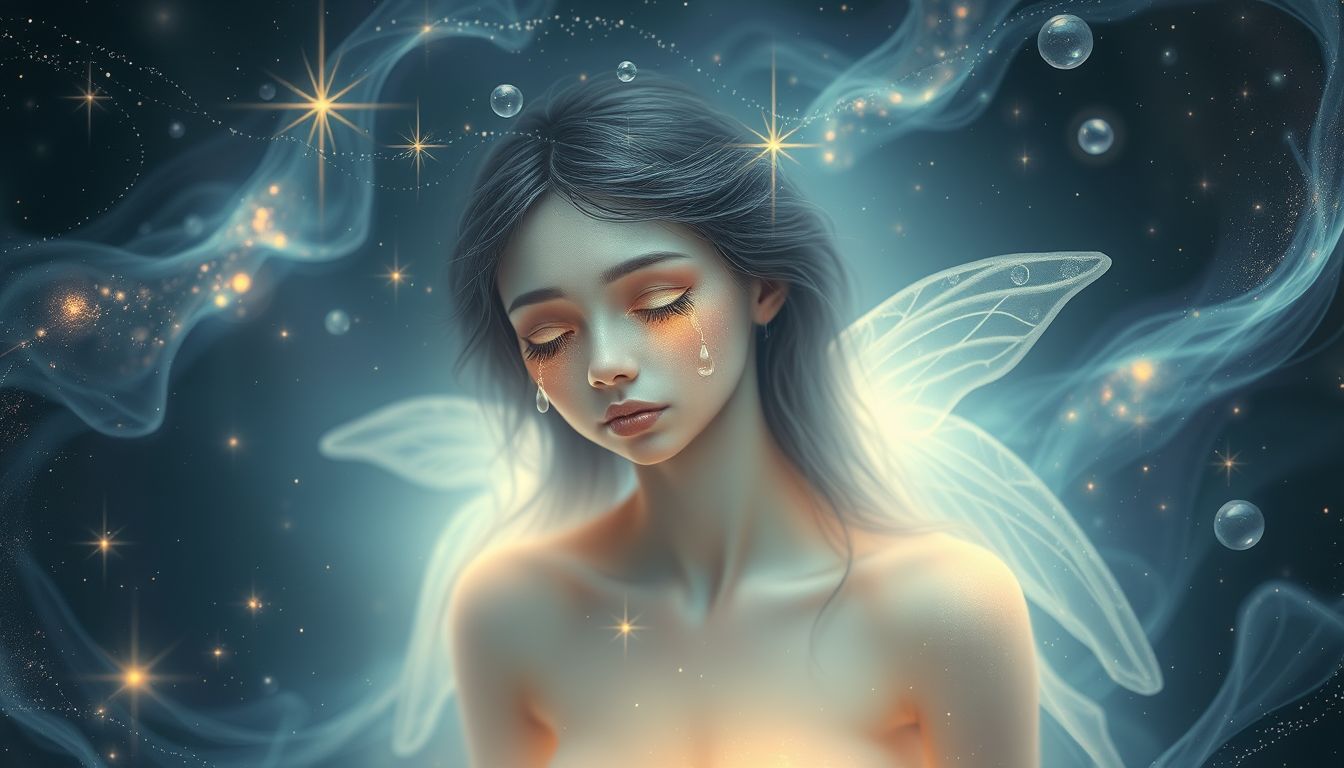 Eine weinende Nymphe symbolisiert verborgene emotionale Verletzungen und Heilung.