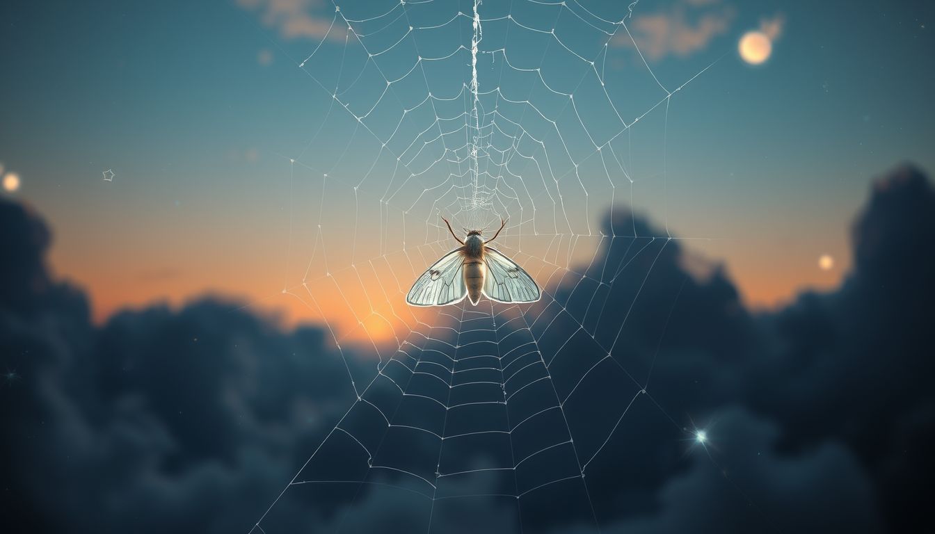 Eine weiße Motte im Spinnennetz symbolisiert Gefangenschaft und Transformation.