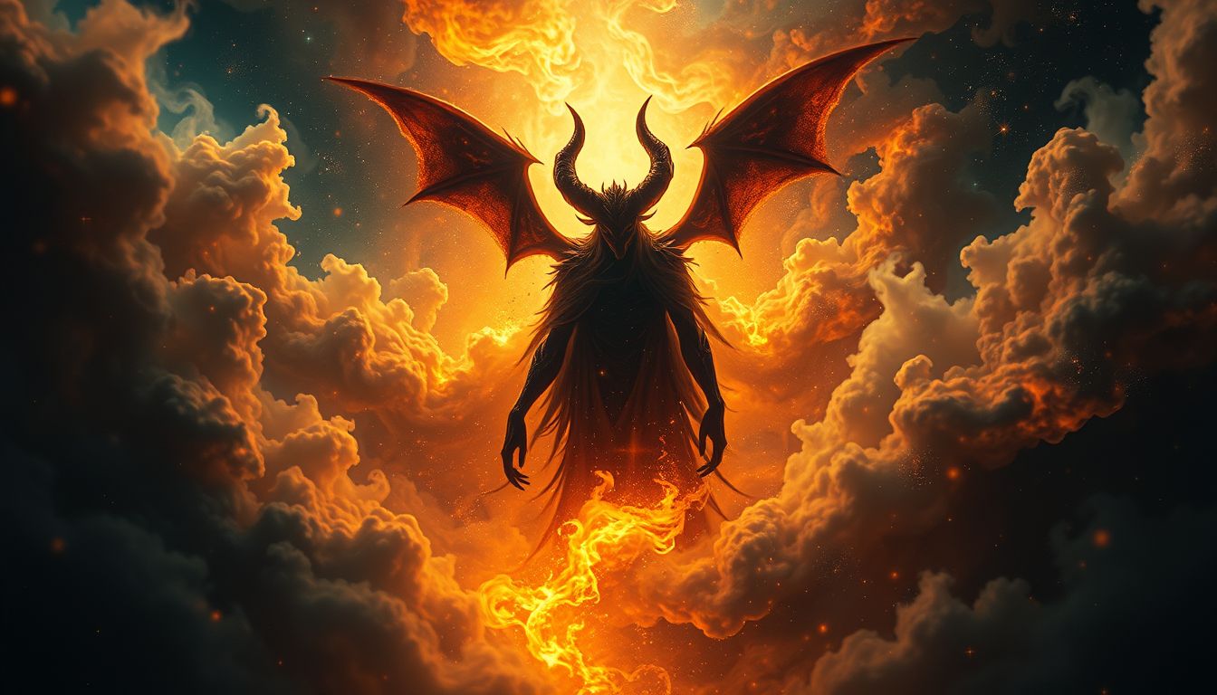 Ein Dämon im Fegefeuer symbolisiert innere Konflikte und Schuldgefühle.