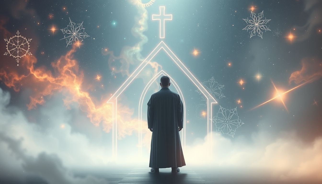 Ein Dechant außerhalb der Kirche symbolisiert Freiheit und inneren Wandel.