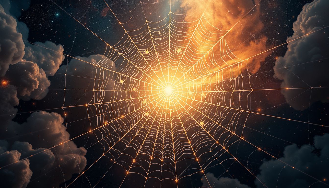 Ein Netz voller Spinnen symbolisiert oft komplexe Verstrickungen im Leben.