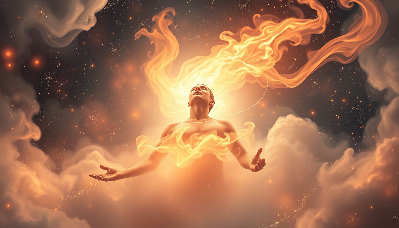 Ein brennender Mann symbolisiert oft spirituelle Transformation und Erleuchtung.