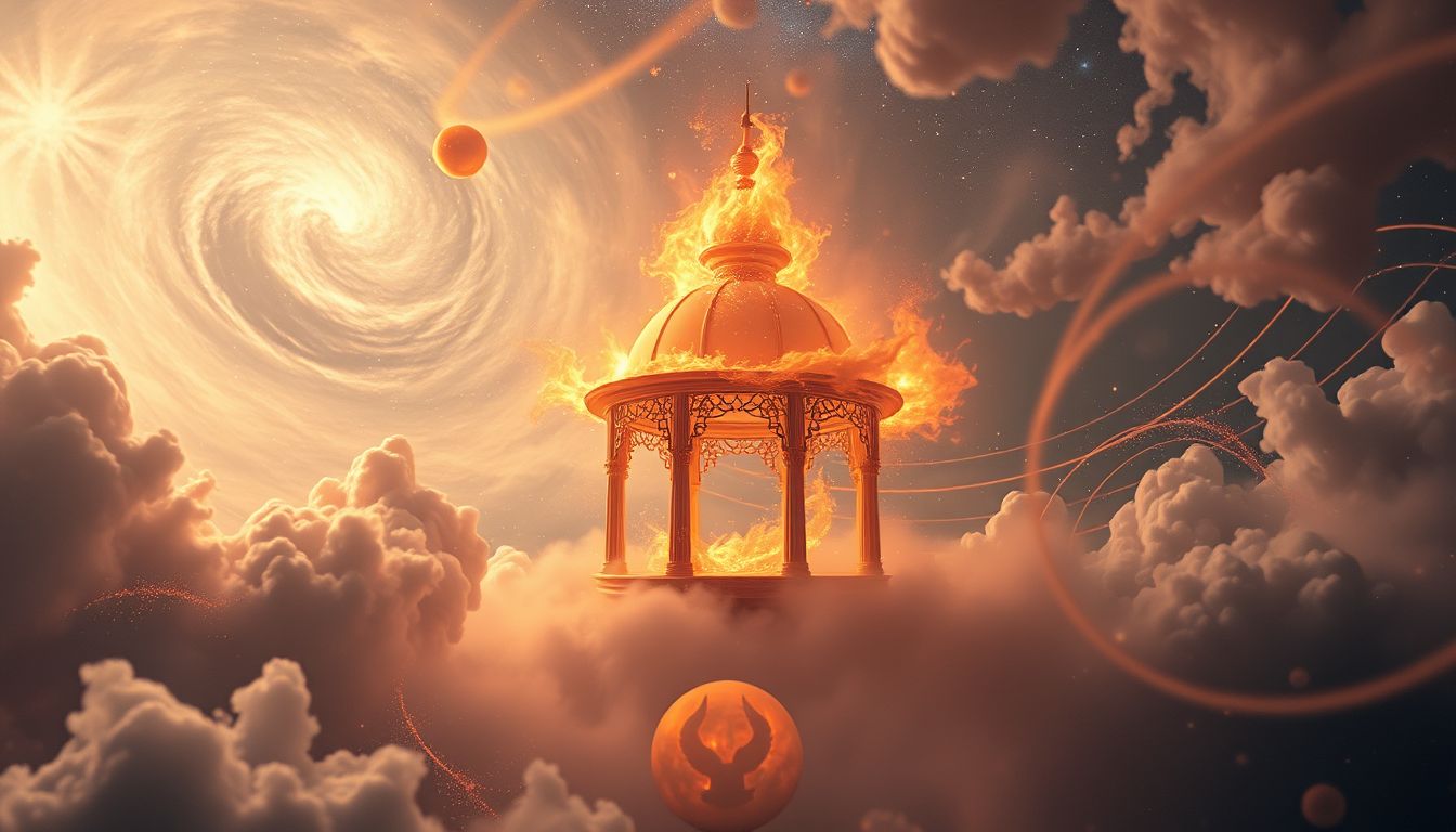 Ein brennender Pavillon symbolisiert zerstörerische Veränderung und innere Reinigung.