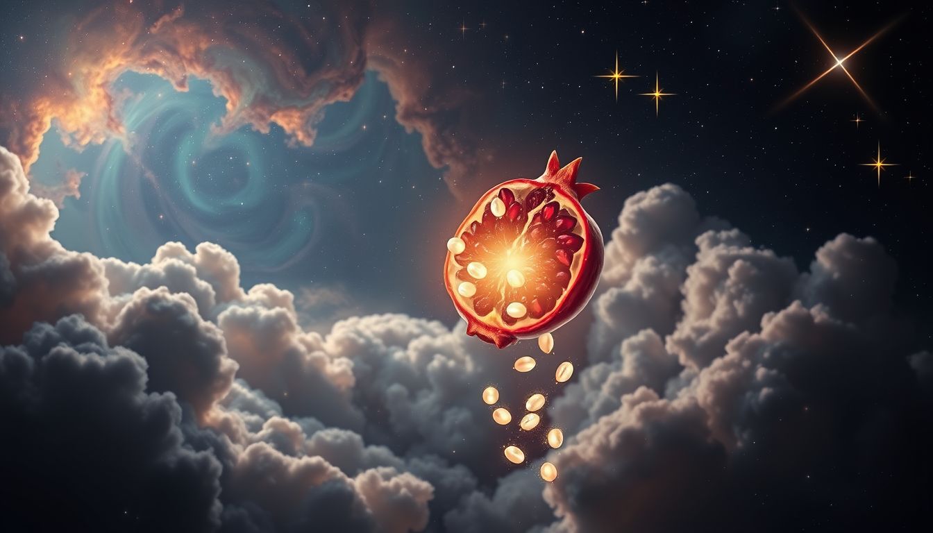 Das Aufschneiden eines Granatapfels symbolisiert verborgene Erkenntnisse und Fruchtbarkeit.