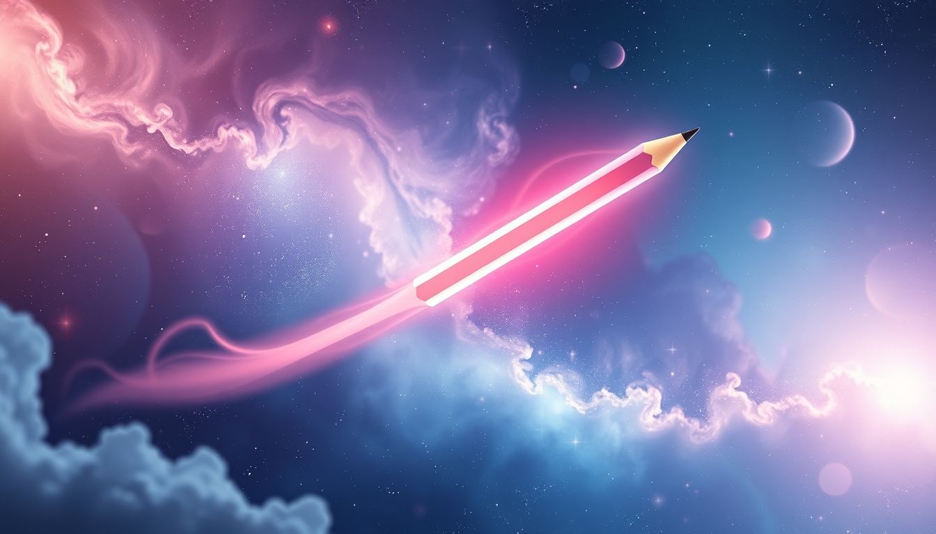 Ein fliegender Buntstift im Himmel symbolisiert kreative Freiheit.