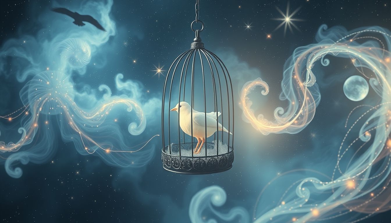 Ein Vogel im Käfig symbolisiert oft eingeschränkte Freiheit und Sehnsucht.