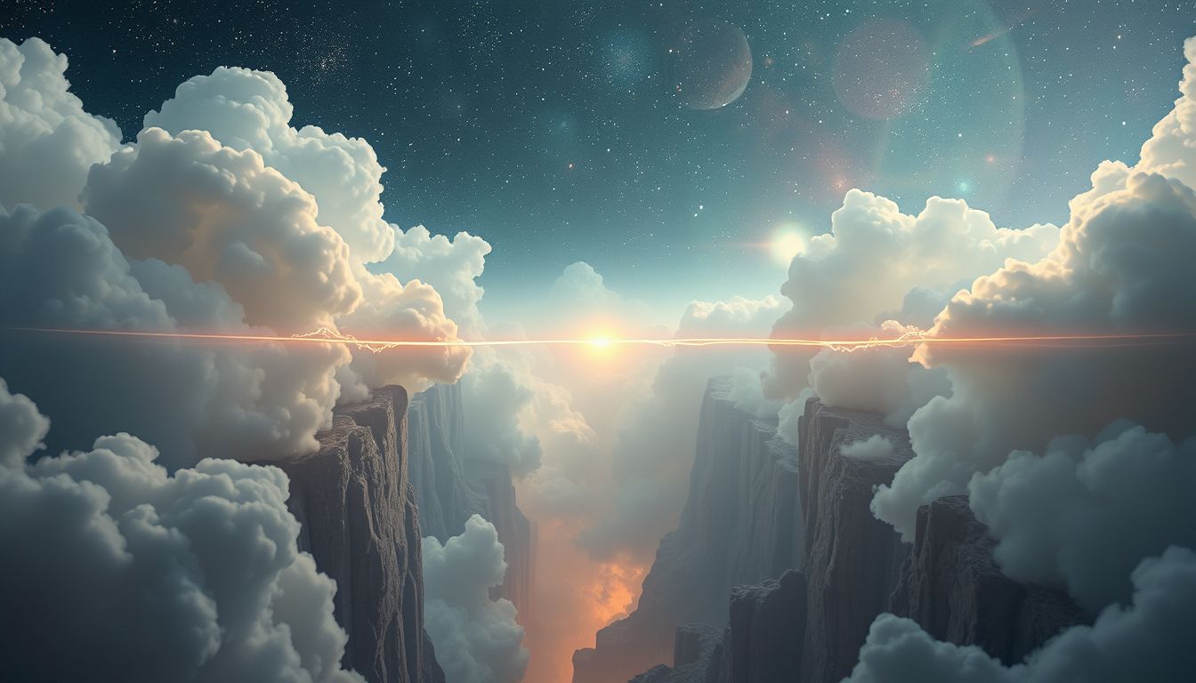 Eine schwebende Leine über Schlucht symbolisiert Risiko und Balance.